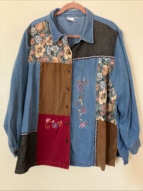 VTG Main Street Blues Mixed Media Patchwork Button Down Top, 3X